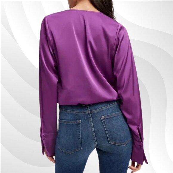 2/$50 Good American Purple Stretch Satin Faux Wrap Blouse Size 2 - Picture 2 of 8